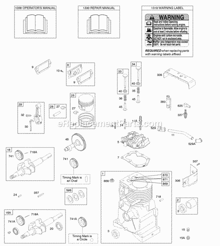 Camshaft Crankshaft Cylinder Cylinder Head OperatorS Manual PistonRingsConnecting Rod Warning Label Diagram and Parts List for  Briggs and Stratton Engine